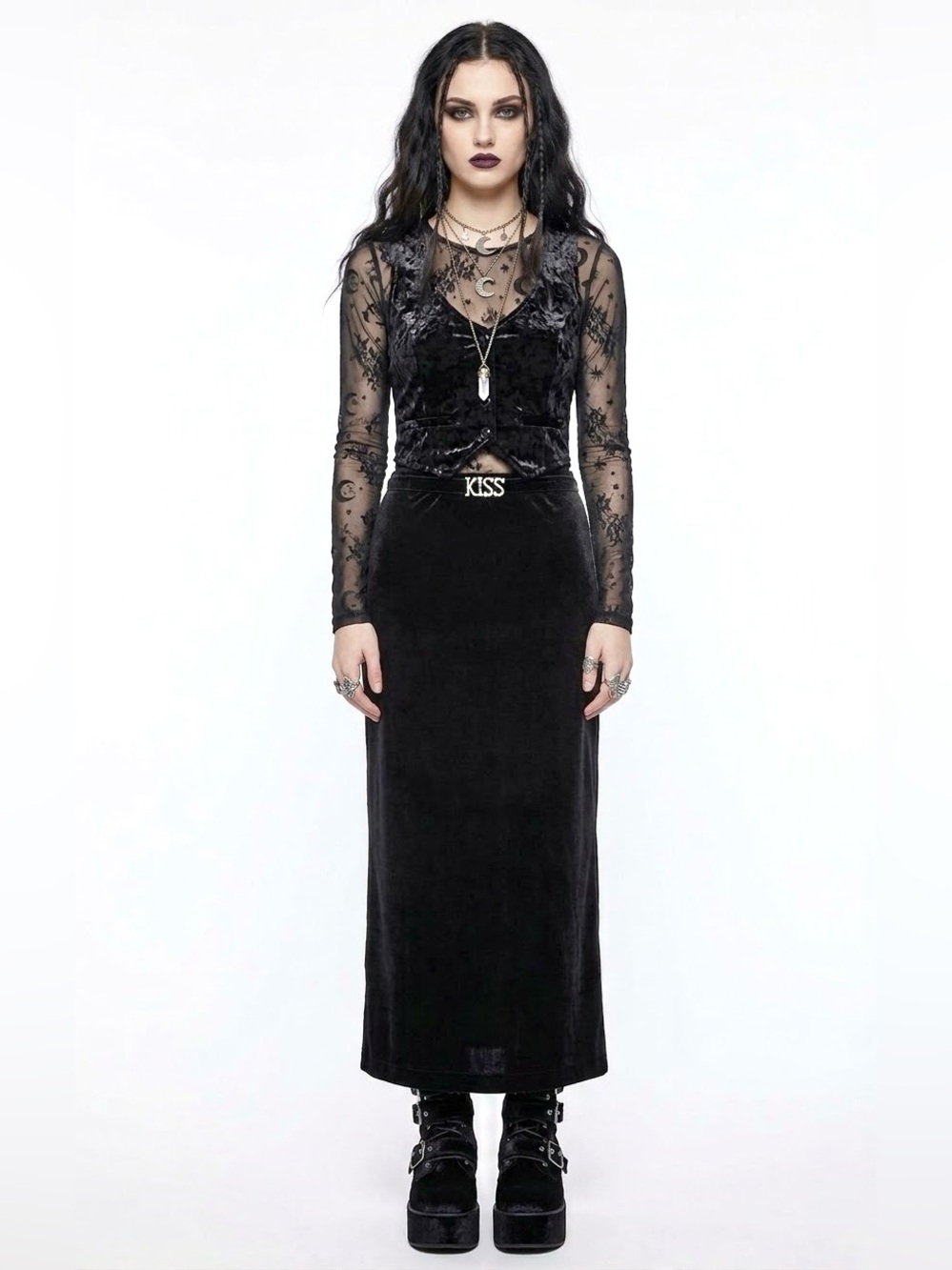 Vintage Whimsigoth Black Velvet Maxi Skirt Stretchy Witchy Y2K Vampirecore Bratz